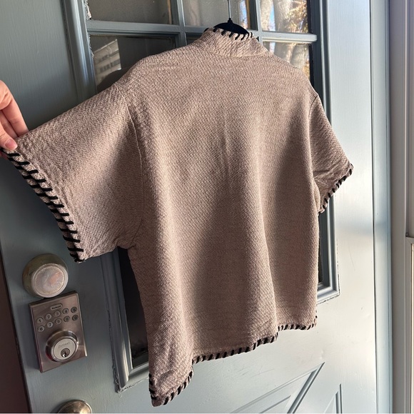 Vintage Retro Boho Knit Stitch Hem Linen Woven Short Sleeved Casual Button Up M - Picture 6 of 7